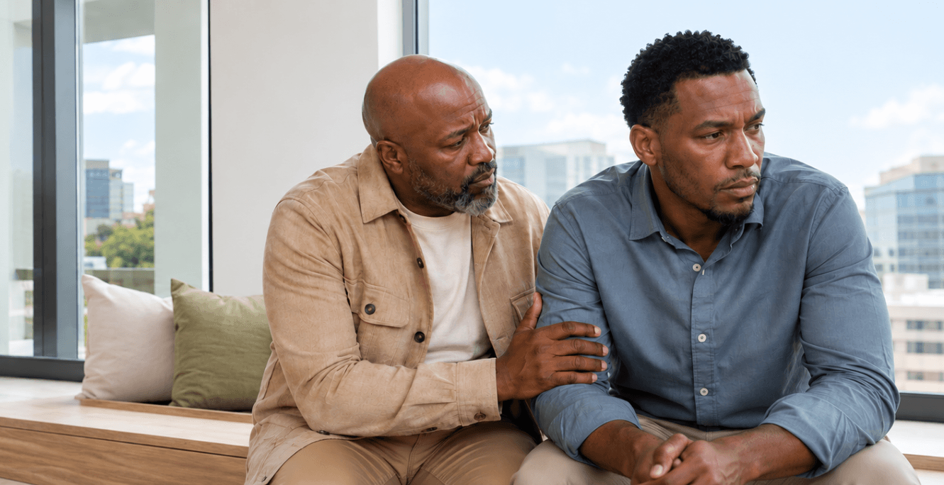 A man sits withdrawn while another rests a reassuring hand on his arm, showing how support can help when stress or low mood feels hard to carry alone.