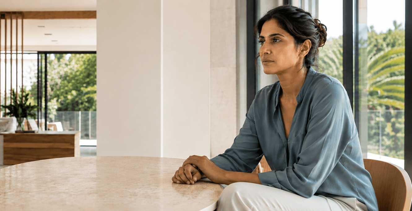 A woman sits alone in thought, reflecting the emotional weight of fertility concerns and changes across women’s lives.