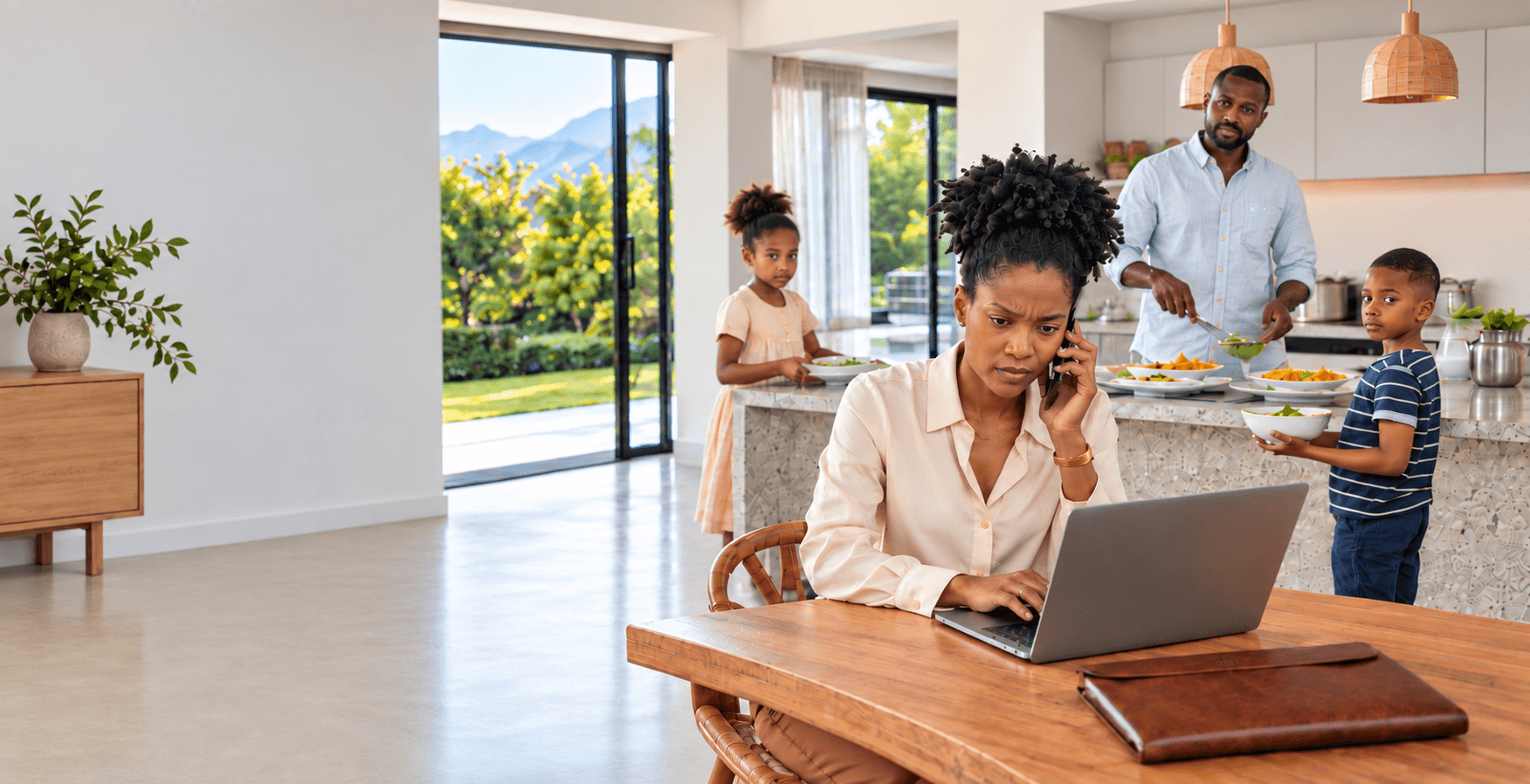 A woman works at her laptop and takes a call while her family prepares dinner behind her, capturing the pressure of unfinished work spilling into family time.