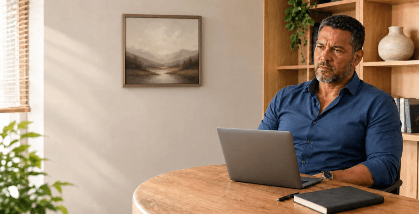 A man works alone at his laptop, looking concerned as he weighs what comes next, capturing the isolation and uncertainty of running a business.
