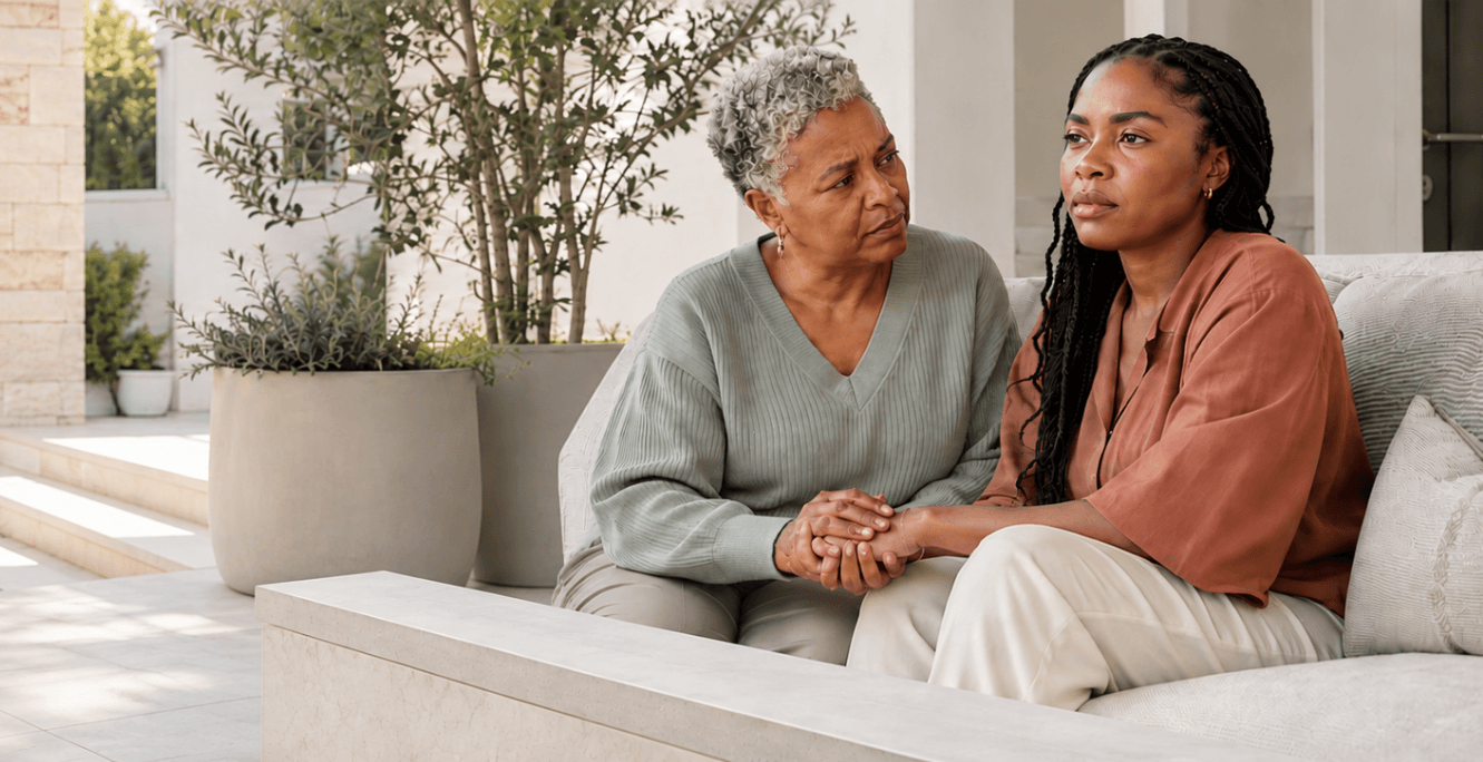 An older woman gently holds a younger woman’s hand as she looks ahead, conveying the need for trust and safety when someone is living with trauma.