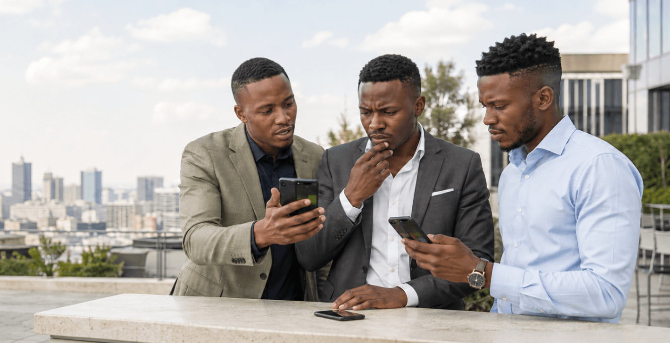 Three men gather around their phones; one looks troubled, reflecting how gambling or digital habits can become a source of concern.