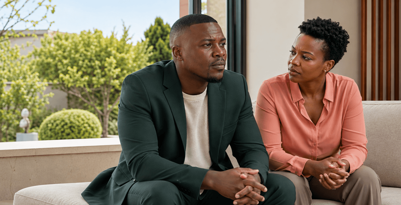 A couple sits together but appears caught in a difficult conversation, reflecting the distance and misunderstandings that can develop in a relationship.