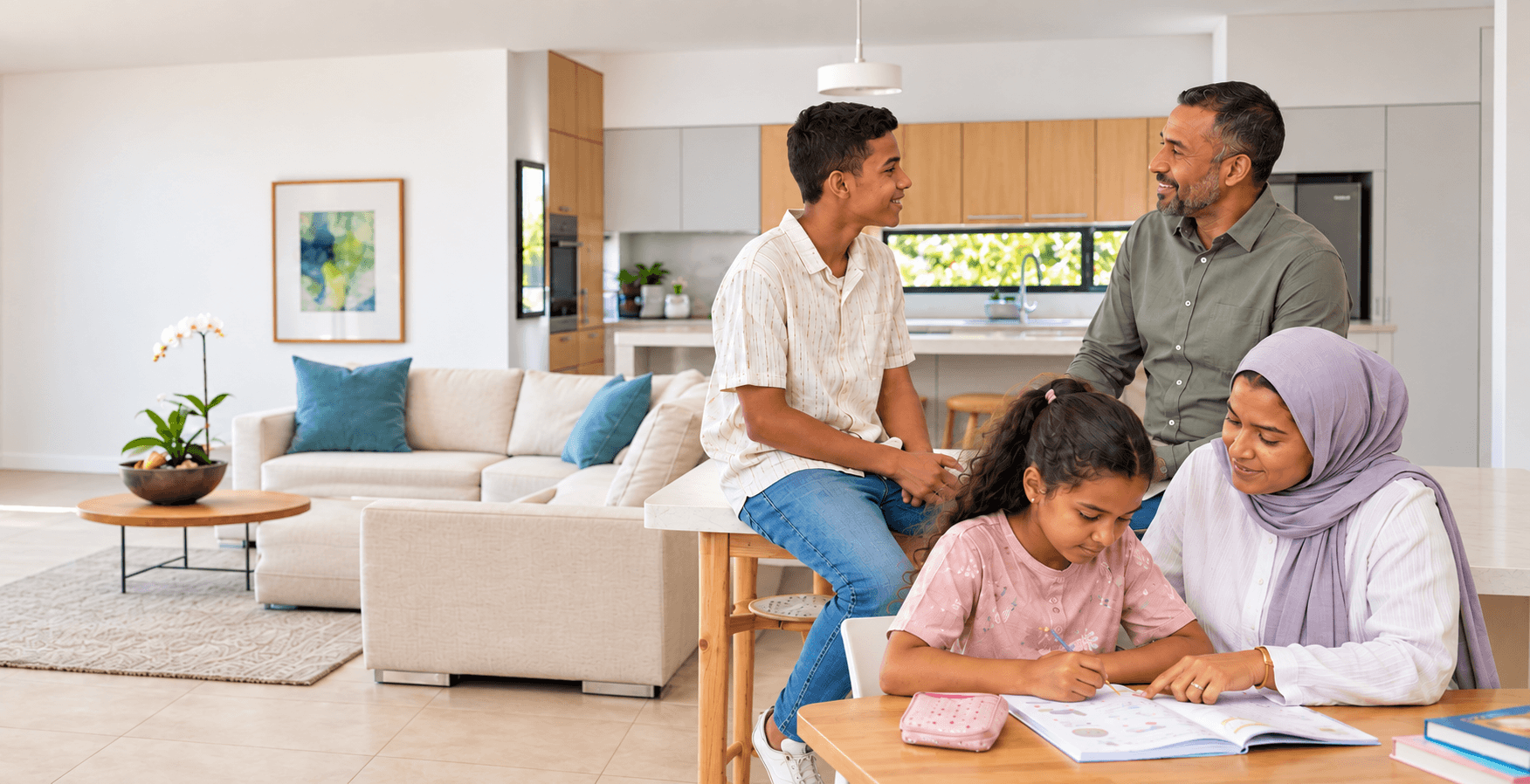 A child works at the table while family members talk and help nearby, showing the competing needs and conversations involved in parenting.