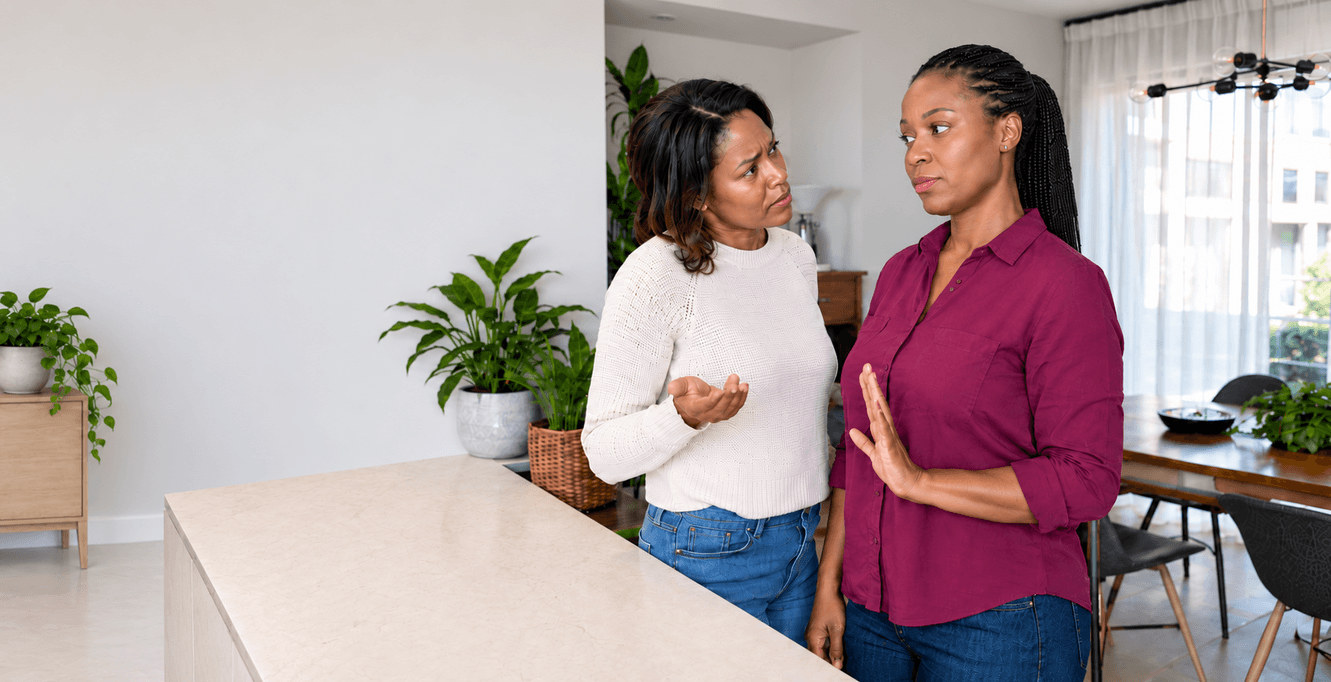 A woman confidently says no during a conversation, setting a boundary instead of people-pleasing or letting her willingness to help be taken for granted.