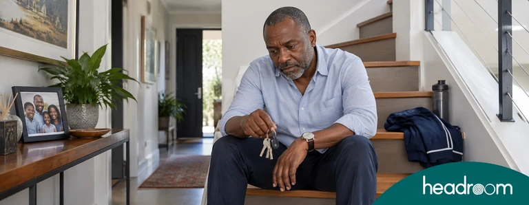 Older man sitting on his stairs with keys in hand, illustrating the psychology of ageing and unfamiliar feelings at home.