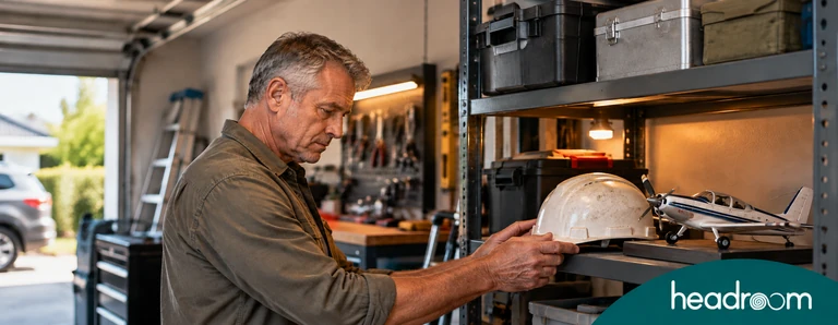 Man pausing as he puts away a work helmet, illustrating loss of identity when a familiar role ends.