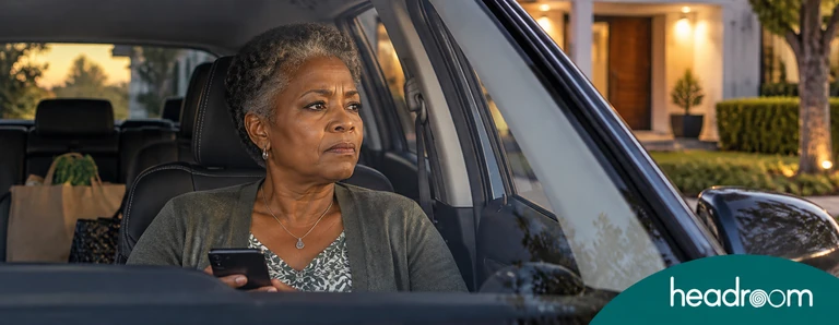 Older woman sitting pensively in a parked car after a call, accompanying guidance on how to stop worrying about everything.