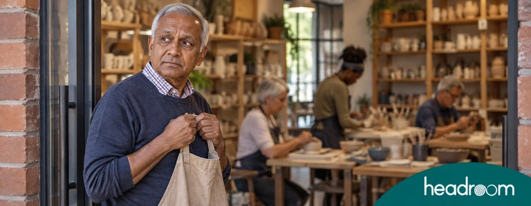 Older man holding an apron at a pottery studio doorway, illustrating how ageism can discourage new experiences.