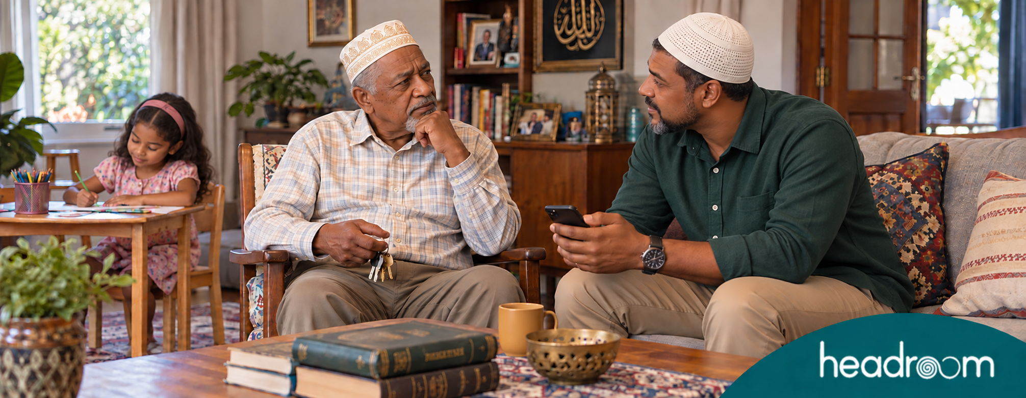 Older father holding his keys while his son speaks beside him, illustrating boundaries with adult children around offers of help.